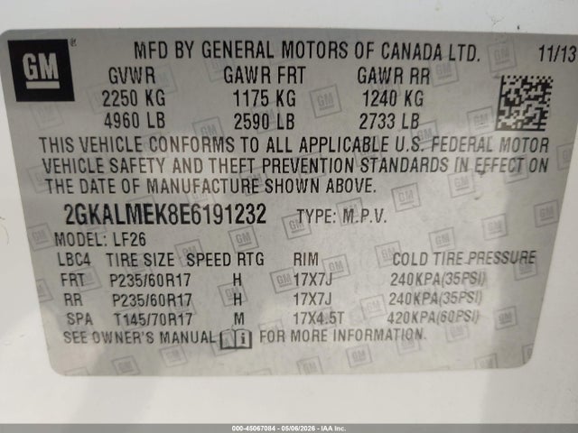 45067084 :رقم المزاد ، 2GKALMEK8E6191232 vin ، 2014 Gmc Terrain Sle-1 مزاد بيع