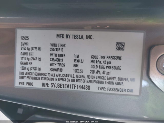 Aukcja sprzedaży 2026 Tesla Model 3 Premium Rear-wheel Drive/rear-wheel Drive, vin: 5YJ3E1EA1TF144488, numer aukcji: 45067091