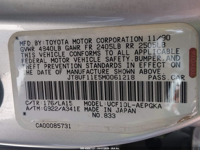 1991 Lexus Ls 400 მანქანა იყიდება აუქციონზე, vin: JT8UF11E5M0061218, აუქციონის ნომერი: 45067121