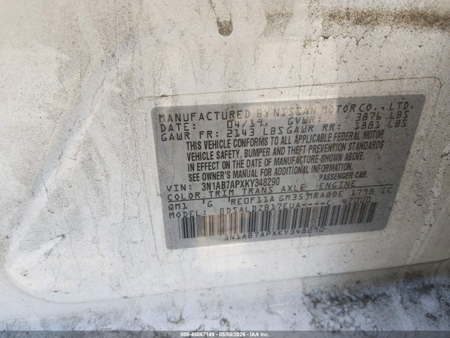 Aukcja sprzedaży 2019 Nissan Sentra Sv, vin: 3N1AB7APXKY348290, numer aukcji: 45067149