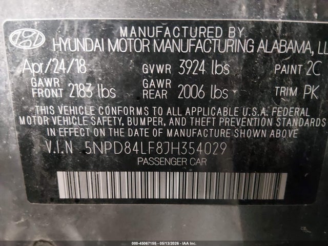 Продаж на аукціоні авто 2018 Hyundai Elantra Sel, vin: 5NPD84LF8JH354029, номер лоту: 45067155