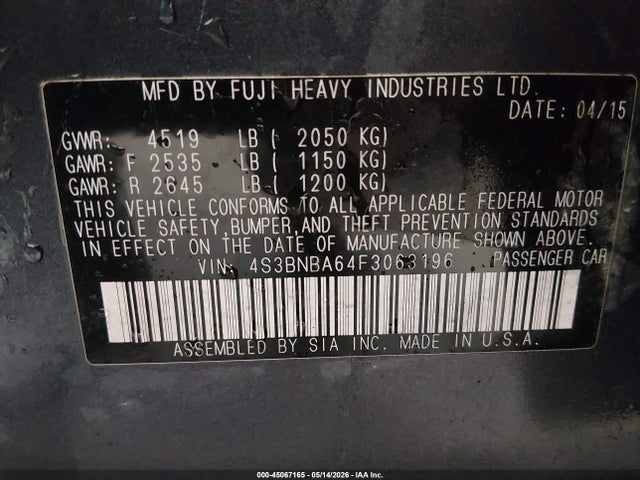 Продажа на аукционе авто 2015 Subaru Legacy 2.5i, vin: 4S3BNBA64F3063196, номер лота: 45067165