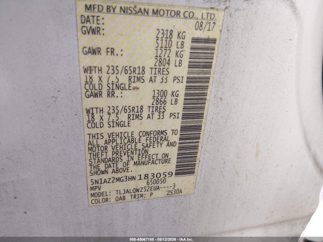 Aukcja sprzedaży 2017 Nissan Murano Sv, vin: 5N1AZ2MG3HN183059, numer aukcji: 45067188