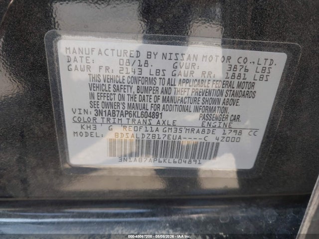 45067200 :رقم المزاد ، 3N1AB7AP6KL604891 vin ، 2019 Nissan Sentra Sv مزاد بيع