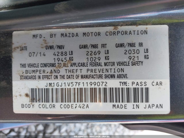Aukcja sprzedaży 2015 Mazda Mazda6 I Touring, vin: JM1GJ1V57F1199072, numer aukcji: 45067221