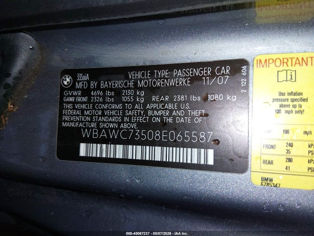 Aukcja sprzedaży 2008 Bmw 335xi, vin: WBAWC73508E065587, numer aukcji: 45067237