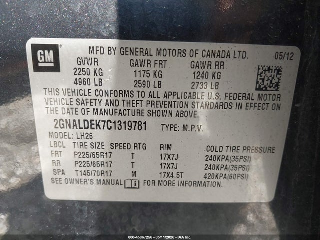 45067256 :رقم المزاد ، 2GNALDEK7C1319781 vin ، 2012 Chevrolet Equinox 1lt مزاد بيع