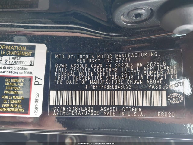 Aukcja sprzedaży 2014 Toyota Camry Xle, vin: 4T1BF1FK8EU846023, numer aukcji: 45067275