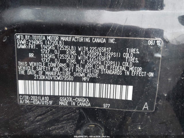 Auction sale of the 2012 Toyota Rav4 Limited V6, vin: 2T3DK4DV1CW079560, lot number: 45067301