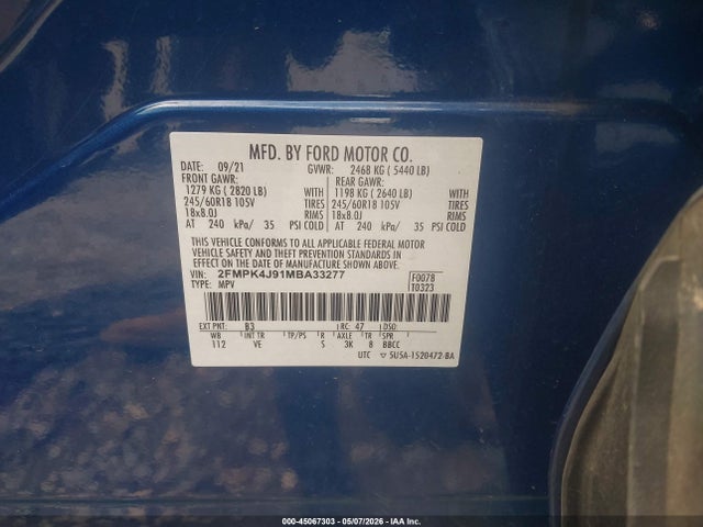 45067303 :رقم المزاد ، 2FMPK4J91MBA33277 vin ، 2021 Ford Edge Sel مزاد بيع