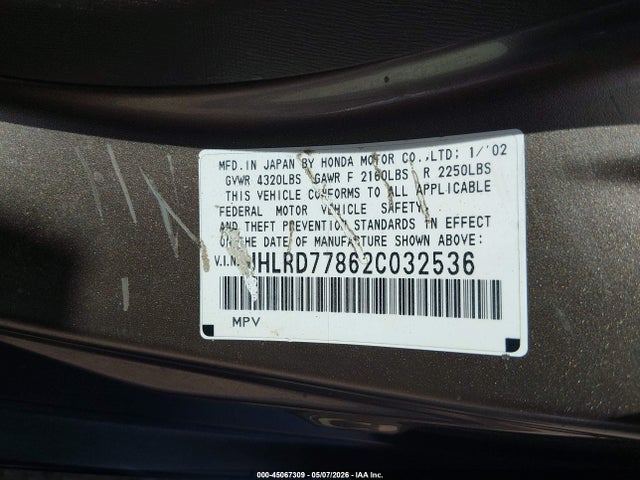 Продажа на аукционе авто 2002 Honda Cr-v Ex, vin: JHLRD77862C032536, номер лота: 45067309