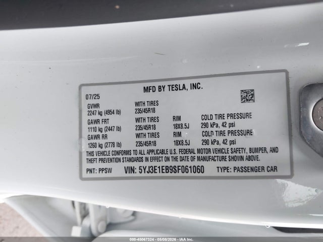 Продаж на аукціоні авто 2025 Tesla Model 3 Long Range All-wheel Drive, vin: 5YJ3E1EB9SF061060, номер лоту: 45067324