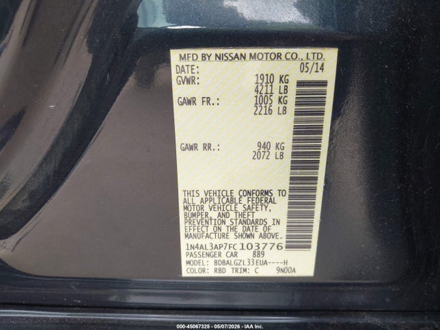 Nissan Altima 2.5 S 2015 1N4AL3AP7FC103776 Image 9