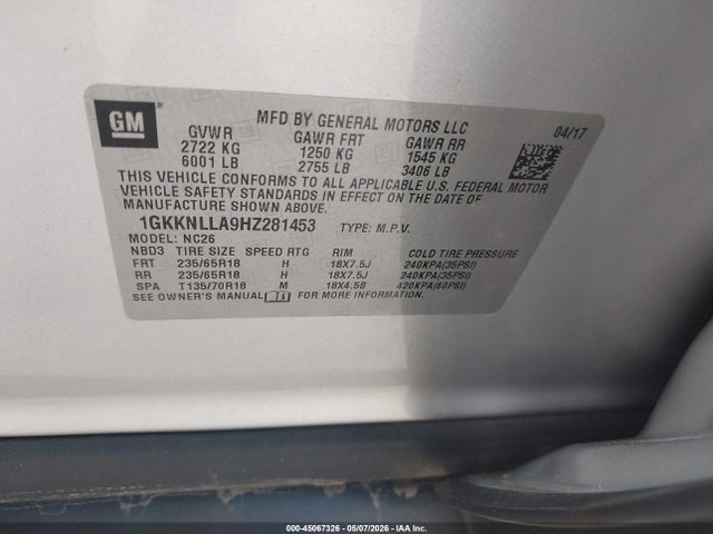 Aukcja sprzedaży 2017 Gmc Acadia Sle-2, vin: 1GKKNLLA9HZ281453, numer aukcji: 45067326