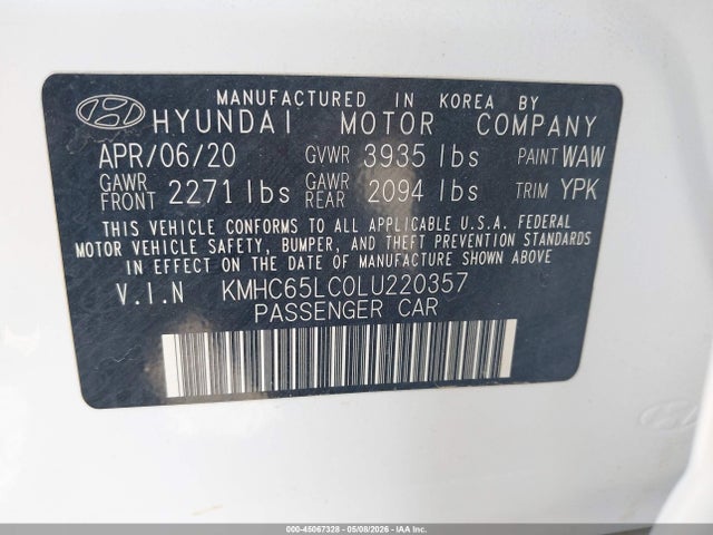 45067328 :رقم المزاد ، KMHC65LC0LU220357 vin ، 2020 Hyundai Ioniq Hybrid Blue مزاد بيع