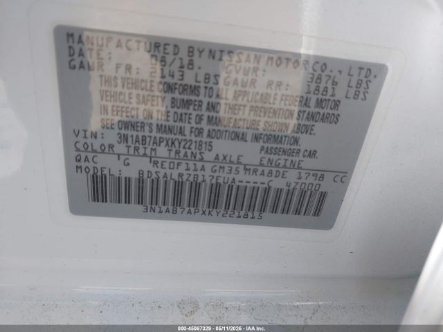 2019 Nissan Sentra Sr მანქანა იყიდება აუქციონზე, vin: 3N1AB7APXKY221815, აუქციონის ნომერი: 45067329