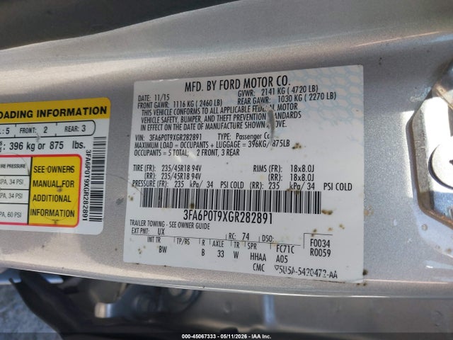 Ford FUSION SE 2016 3FA6P0T9XGR282891 Image 9