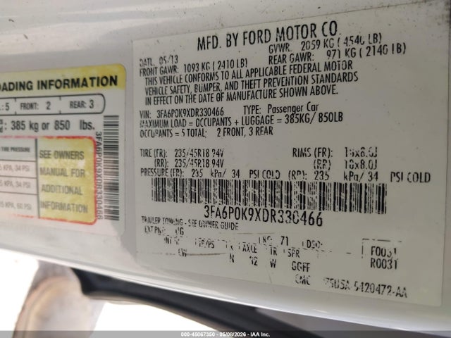 45067350 :رقم المزاد ، 3FA6P0K9XDR330466 vin ، 2013 Ford Fusion Titanium مزاد بيع