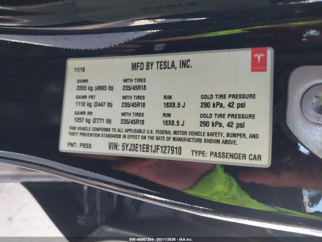 2018 Tesla Model 3 Long Range/performance მანქანა იყიდება აუქციონზე, vin: 5YJ3E1EB1JF127910, აუქციონის ნომერი: 45067354