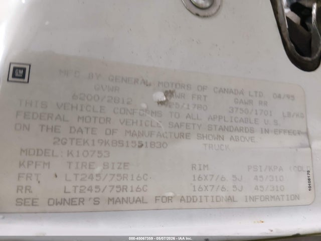 Продаж на аукціоні авто 1995 Gmc Sierra K1500, vin: 2GTEK19K8S1551830, номер лоту: 45067359
