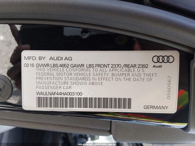 Продаж на аукціоні авто 2017 Audi A4 2.0t Premium, vin: WAULNAF44HA003100, номер лоту: 45067367