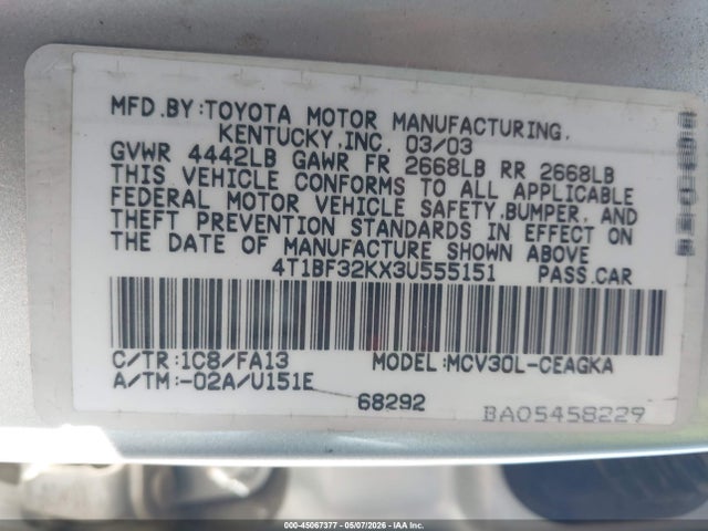Продаж на аукціоні авто 2003 Toyota Camry Xle V6, vin: 4T1BF32KX3U555151, номер лоту: 45067377