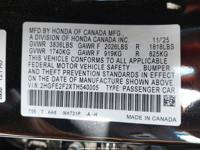 Honda Civic Lx 2026 2HGFE2F2XTH540005 Image 9