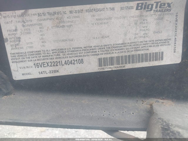Big Tex Trailer Co Inc Unknown 2020 16VEX2221L4042108 Image 9