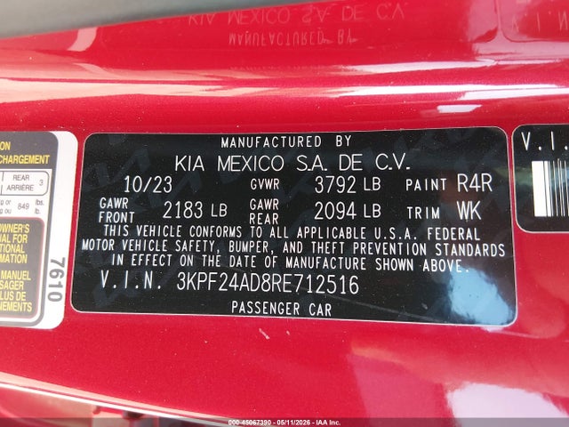 Aukcja sprzedaży 2024 Kia Forte Lxs, vin: 3KPF24AD8RE712516, numer aukcji: 45067390