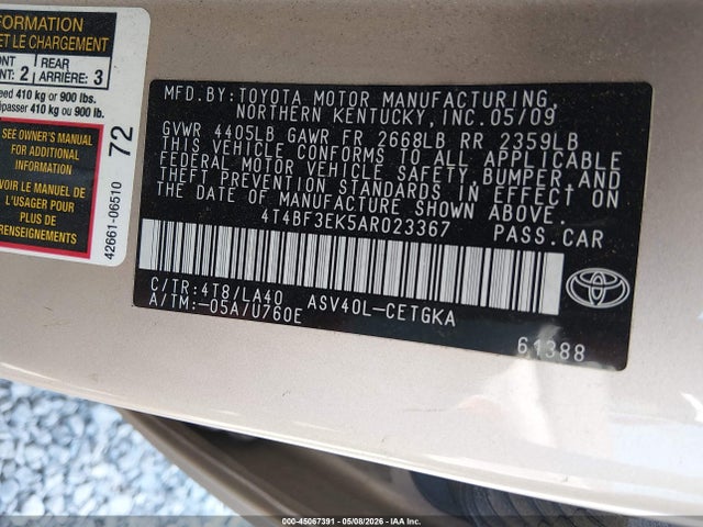 2010 Toyota Camry Xle მანქანა იყიდება აუქციონზე, vin: 4T4BF3EK5AR023367, აუქციონის ნომერი: 45067391