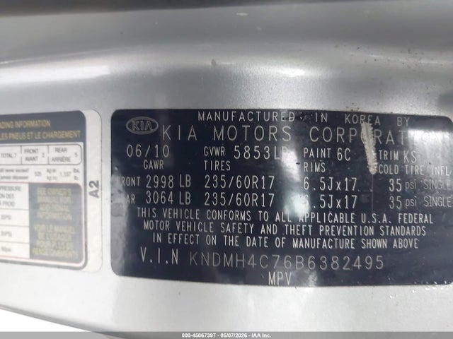 45067397 :رقم المزاد ، KNDMH4C76B6382495 vin ، 2011 Kia Sedona Ex مزاد بيع