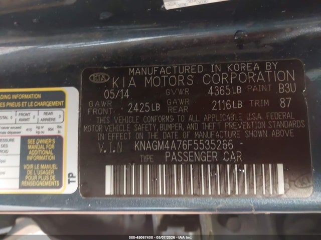 Aukcja sprzedaży 2015 Kia Optima Lx, vin: KNAGM4A76F5535266, numer aukcji: 45067400