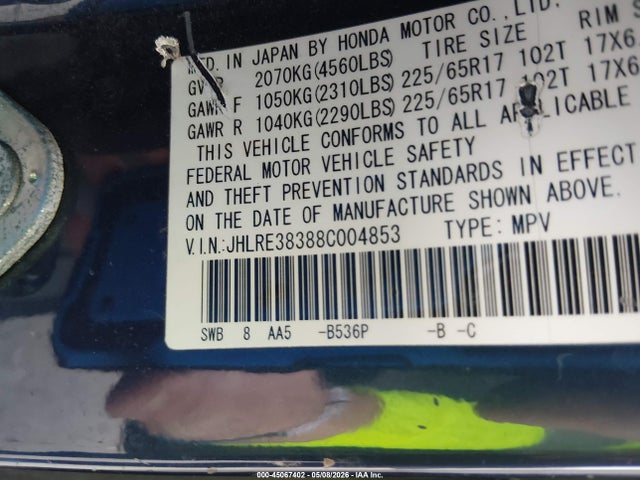 45067402 :رقم المزاد ، JHLRE38388C004853 vin ، 2008 Honda Cr-v Lx مزاد بيع