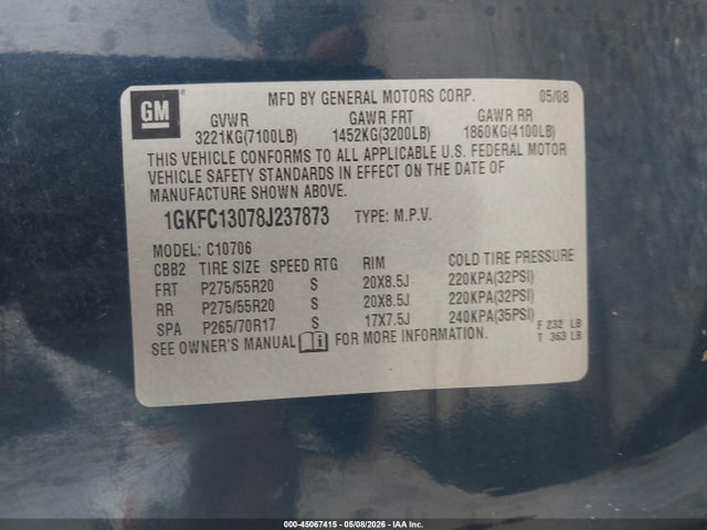 45067415 :رقم المزاد ، 1GKFC13078J237873 vin ، 2008 Gmc Yukon Slt مزاد بيع
