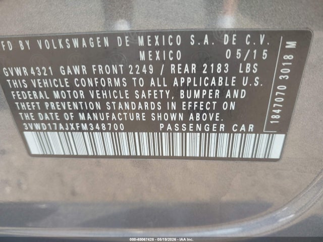 Aukcja sprzedaży 2015 Volkswagen Jetta 1.8t Sport, vin: 3VWD17AJXFM348700, numer aukcji: 45067428