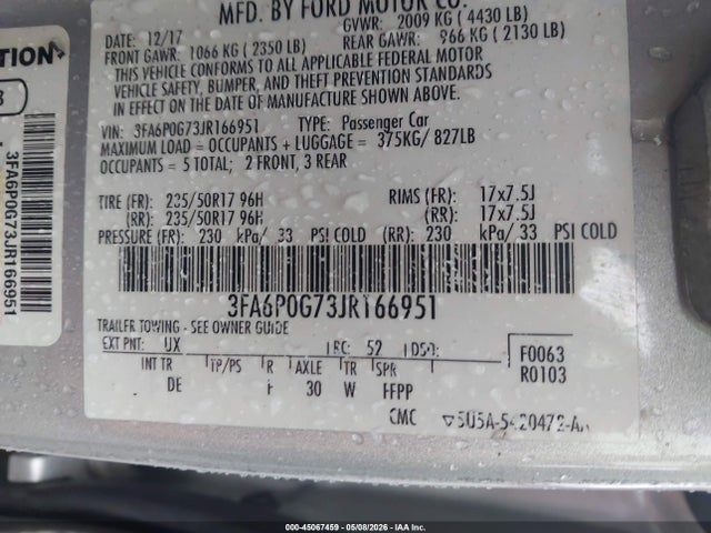 Ford FUSION S 2018 3FA6P0G73JR166951 Image 9
