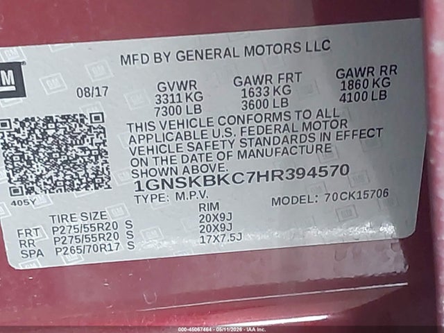 45067464 :رقم المزاد ، 1GNSKBKC7HR394570 vin ، 2017 Chevrolet Tahoe Lt مزاد بيع