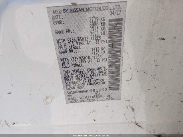 Aukcja sprzedaży 2017 Nissan Pathfinder S, vin: 5N1DR2MM9HC681992, numer aukcji: 45067466