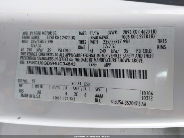 45067470 :رقم المزاد ، 1FMCU0GD9HUC34843 vin ، 2017 Ford Escape Se مزاد بيع