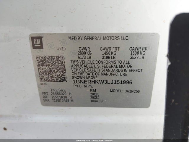 45067471 :رقم المزاد ، 1GNERHKW3LJ151996 vin ، 2020 Chevrolet Traverse Fwd Lt Leather مزاد بيع