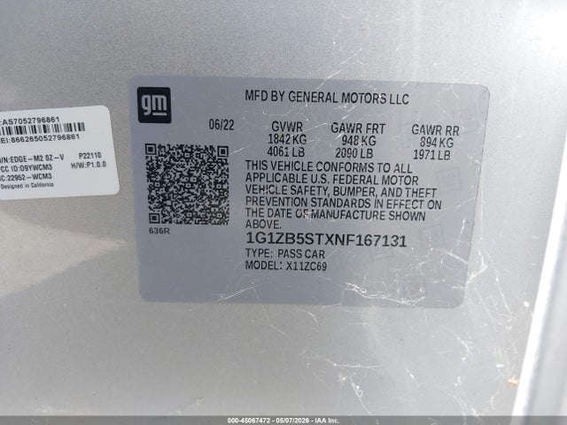 Продаж на аукціоні авто 2022 Chevrolet Malibu Fwd Ls, vin: 1G1ZB5STXNF167131, номер лоту: 45067472