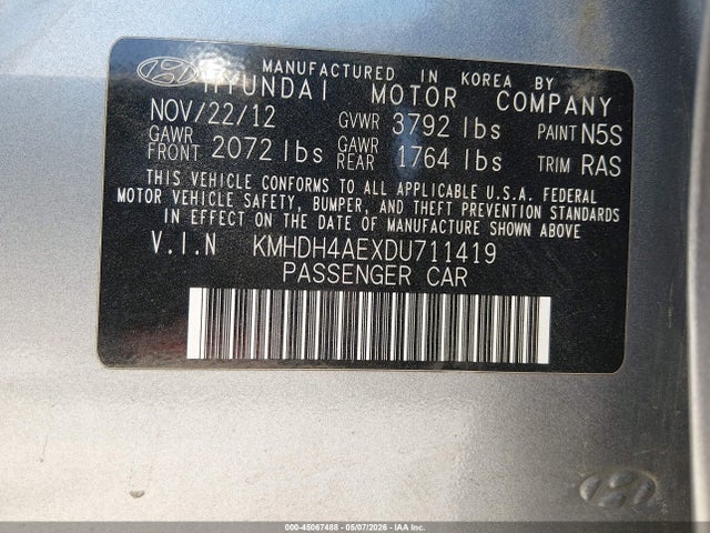 Продаж на аукціоні авто 2013 Hyundai Elantra Gls, vin: KMHDH4AEXDU711419, номер лоту: 45067488