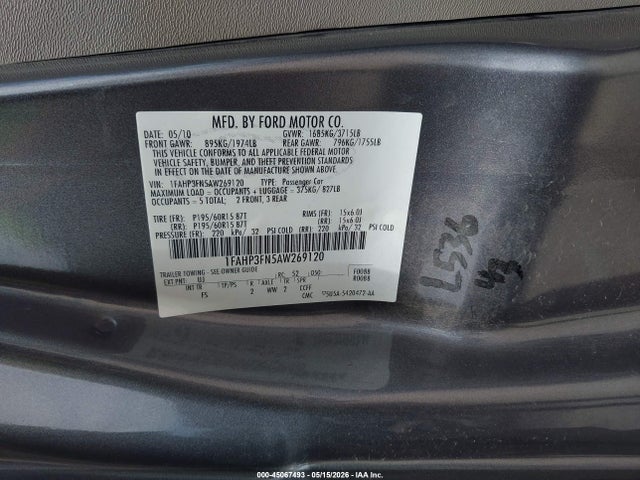 2010 Ford Focus Se მანქანა იყიდება აუქციონზე, vin: 1FAHP3FN5AW269120, აუქციონის ნომერი: 45067493