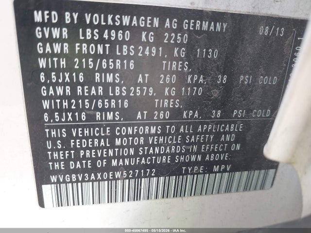 Продаж на аукціоні авто 2014 Volkswagen Tiguan S, vin: WVGBV3AX0EW527172, номер лоту: 45067495