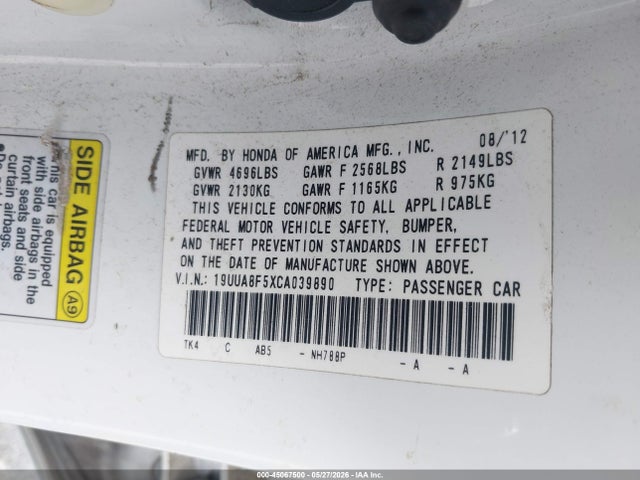 2012 Acura Tl 3.5 მანქანა იყიდება აუქციონზე, vin: 19UUA8F5XCA039890, აუქციონის ნომერი: 45067500