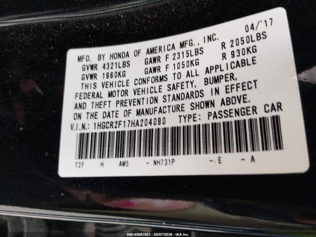 1HGCR2F17HA204090 Honda Accord Sport Se