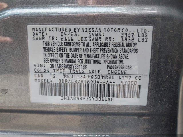 Продажа на аукционе авто 2025 Nissan Sentra S, vin: 3N1AB8BV3SY331186, номер лота: 45067510