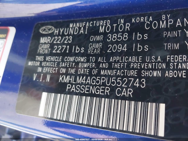 2023 Hyundai Elantra Sel მანქანა იყიდება აუქციონზე, vin: KMHLM4AG5PU552743, აუქციონის ნომერი: 45067527