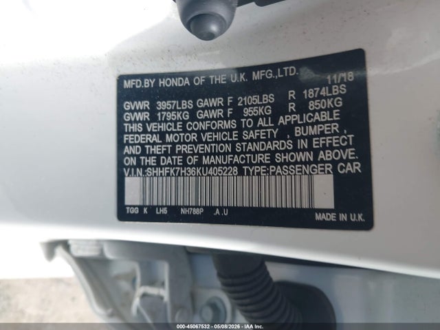 45067532 :رقم المزاد ، SHHFK7H36KU405228 vin ، 2019 Honda Civic Lx مزاد بيع