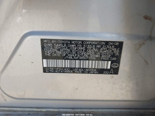 45067535 :رقم المزاد ، JTHBL46F485077096 vin ، 2008 Lexus Ls 460 مزاد بيع
